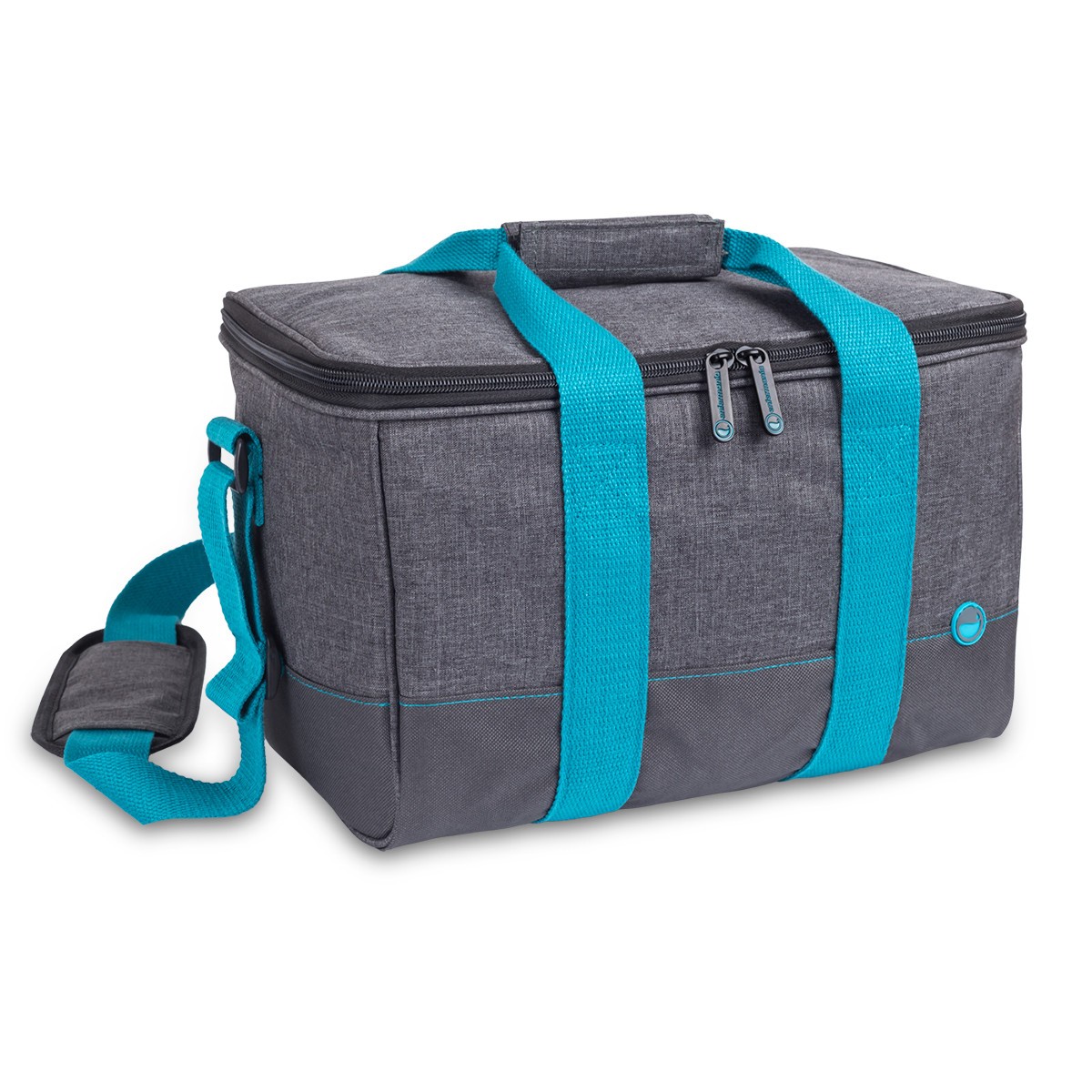 Sac isotherme gris et turquoise pour le personnel soignant. Ce sac isotherme est doté d'une poignée supérieure et d'une bandoulière et peut garder les déjeuners froids pendant les longues journées de travail.