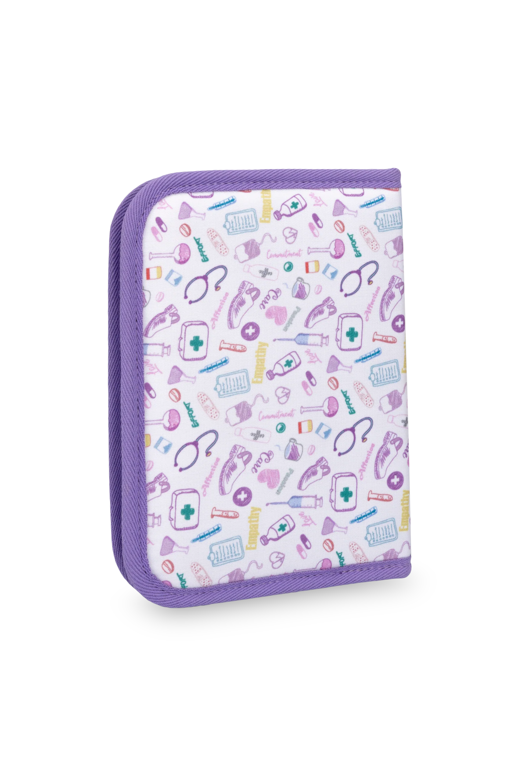 Un bolso organizador morado y blanco para enfermeras con un estampado de temática médica, ideal para llevar herramientas y equipos clínicos esenciales.