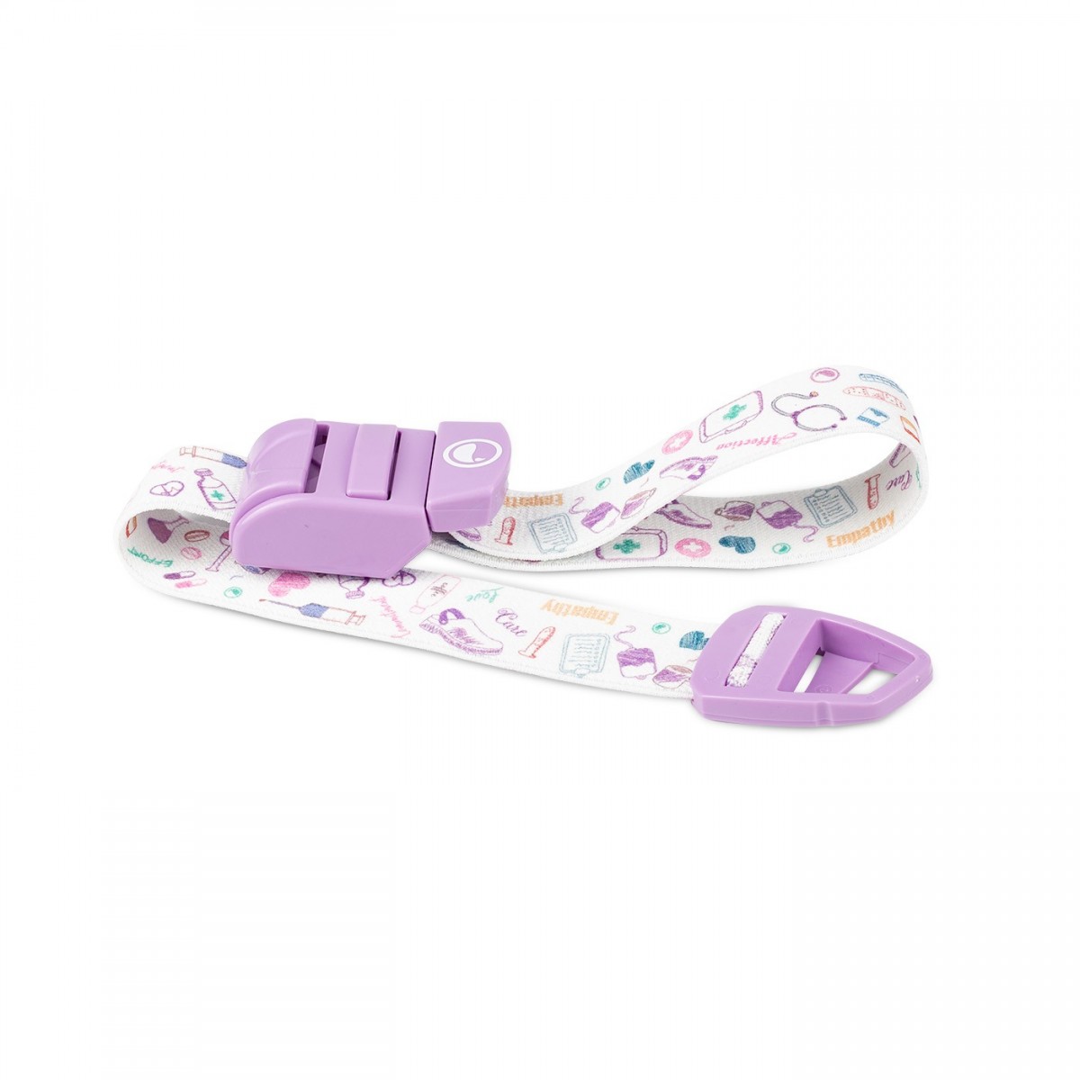 Torniquete médico blanco y morado con patrón de temática sanitaria, ideal para enfermeras y trabajadores sanitarios.