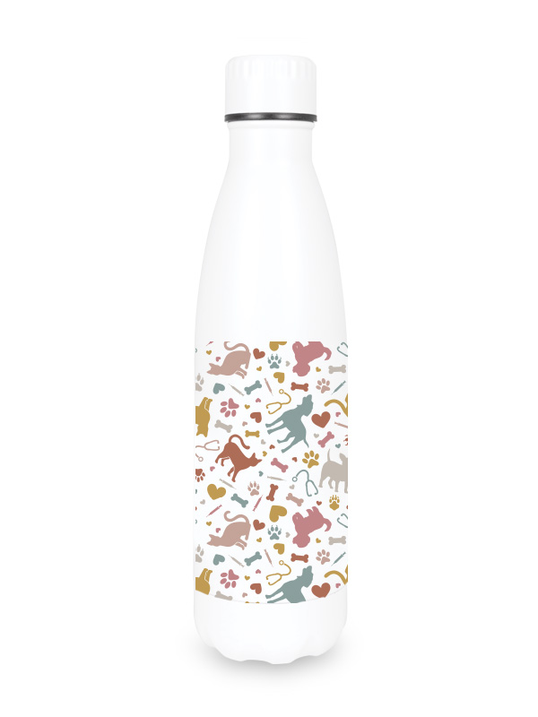 White reusable water bottle for veterinary nurses featuring a colorful pattern of pets, hearts, and medical tools for hydration at work.