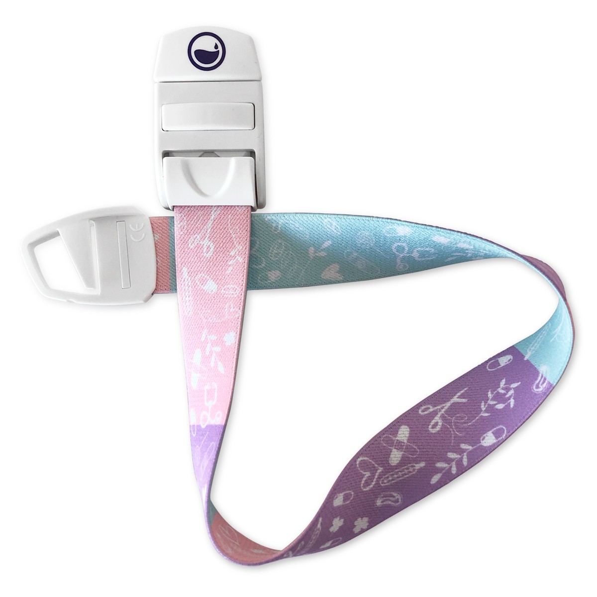 Torniquete multicolor con hebilla blanca, ideal para enfermeras, con un divertido diseño de patrón médico.