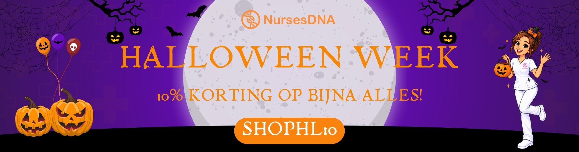 Een paarse banner met Halloween-thema voor professionals in de gezondheidszorg, met pompoenen, een cartoonverpleegster en een promotionele kortingsaanbieding.