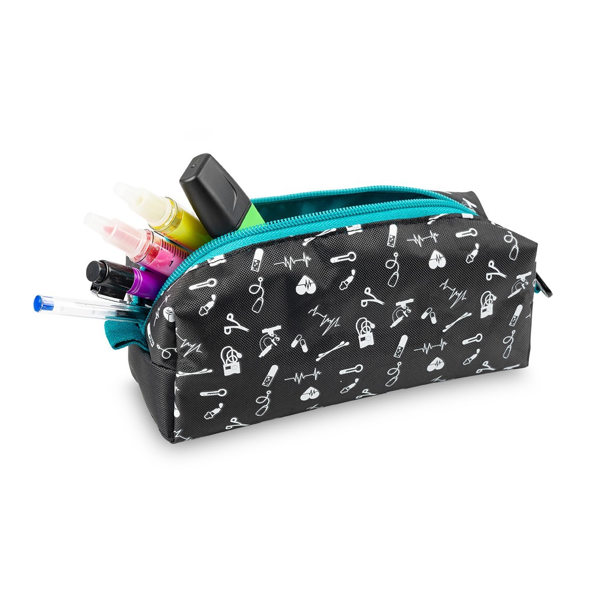 Trousse noire avec fermeture éclair turquoise, idéale pour que les infirmières puissent organiser leurs stylos et outils médicaux.
