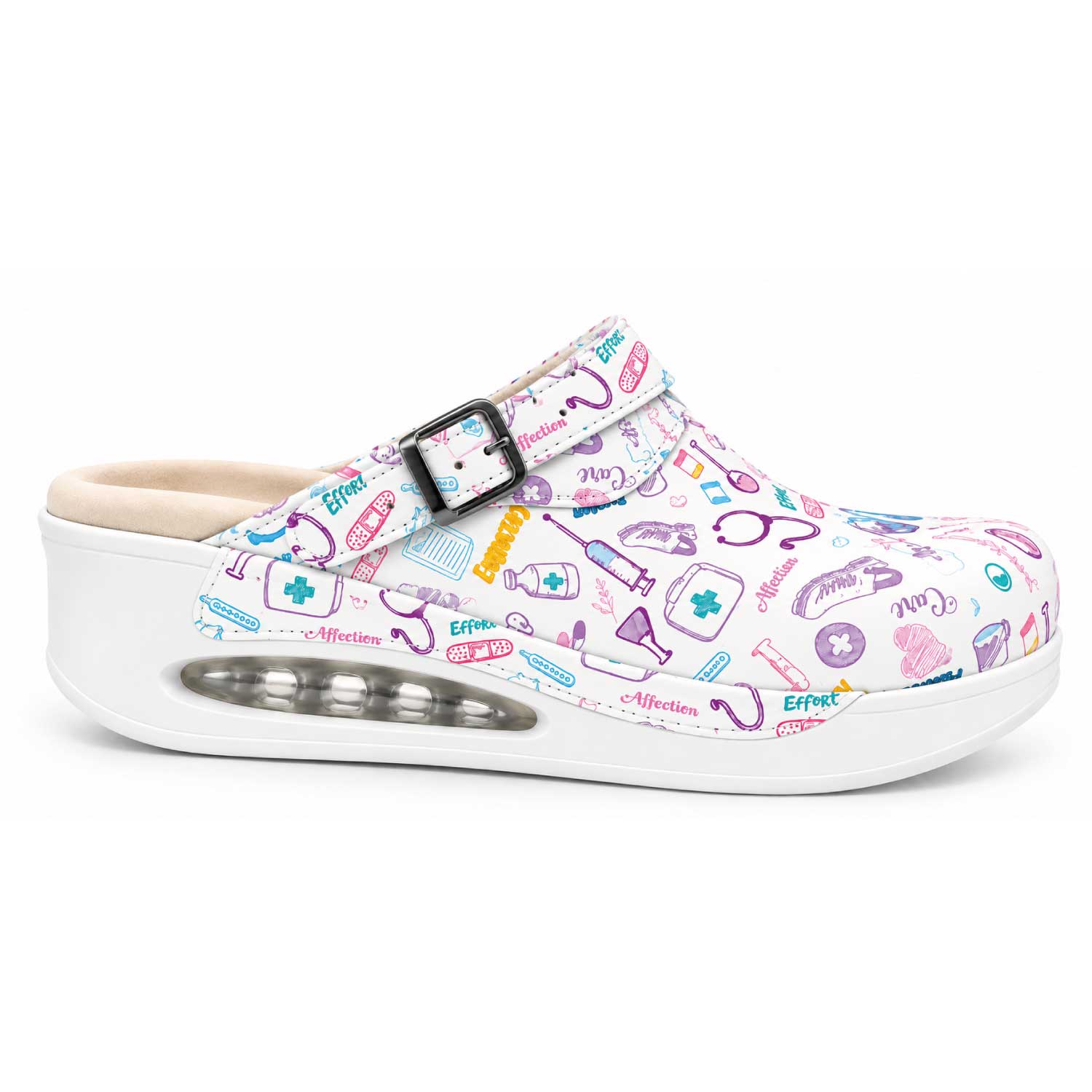 White nursing clogs with colorful medical pattern, featuring a cushioned air sole and adjustable strap, ideal for long shifts in clinics.