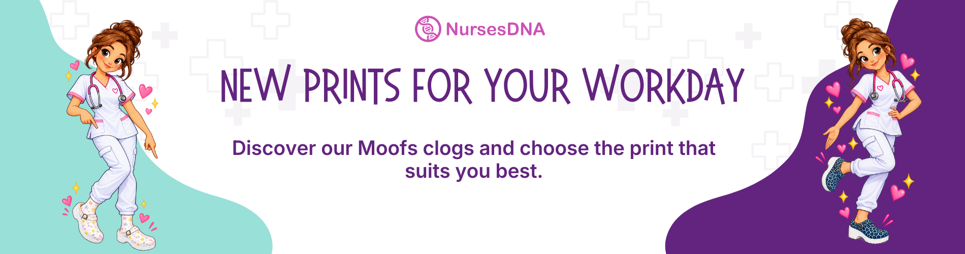NursesDNA banner featuring cartoon nurses wearing white scrubs and patterned Moofs clogs, ideal for comfortable shifts in healthcare settings.
