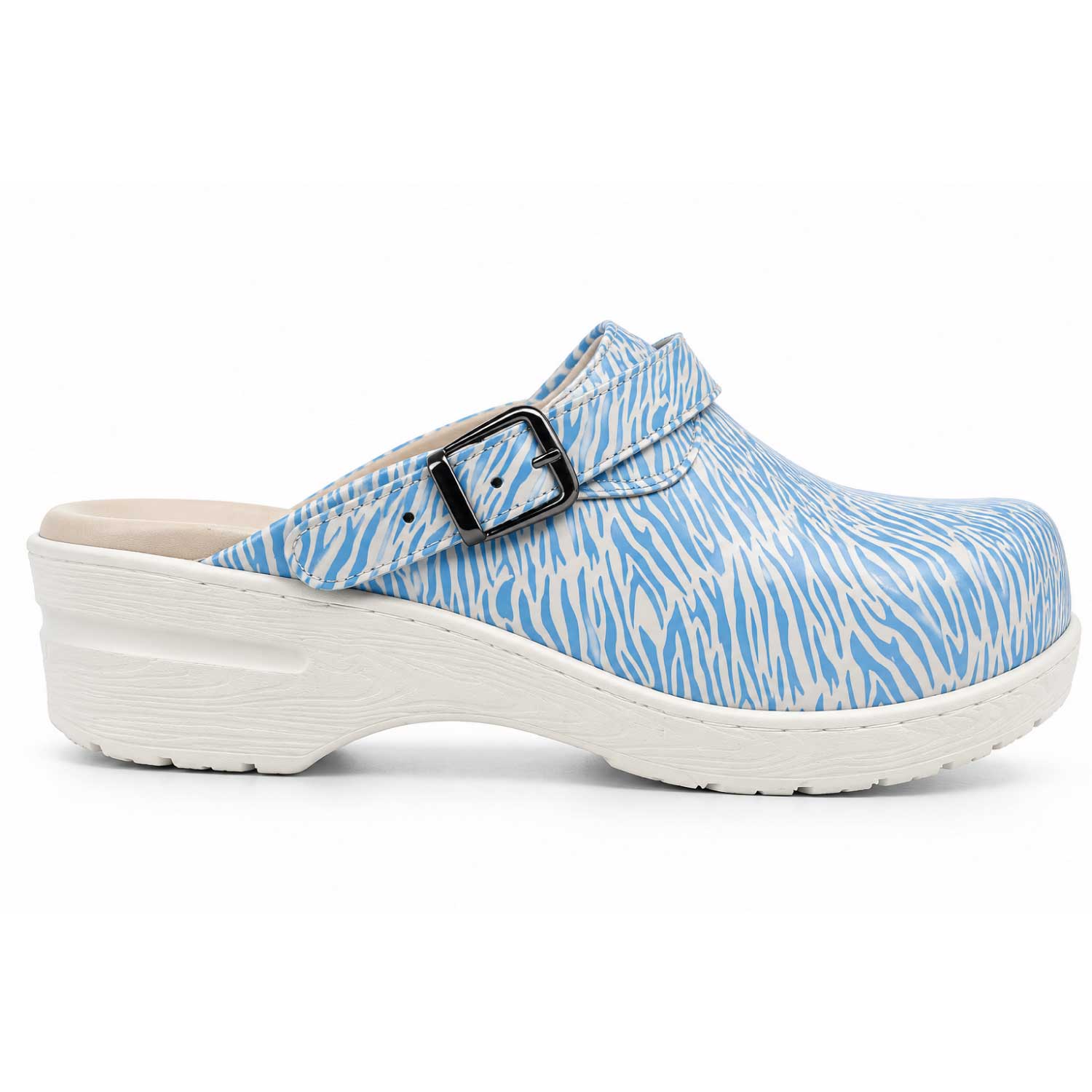Blue and white zebra print nursing clog with an adjustable strap, featuring a slip-resistant sole ideal for long shifts in the clinic.
