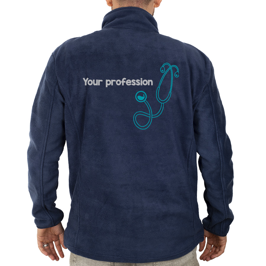 Navy blue fleece jacket for healthcare professionals, featuring an embroidered stethoscope design. Warm and comfortable, ideal for layering during long shifts.
