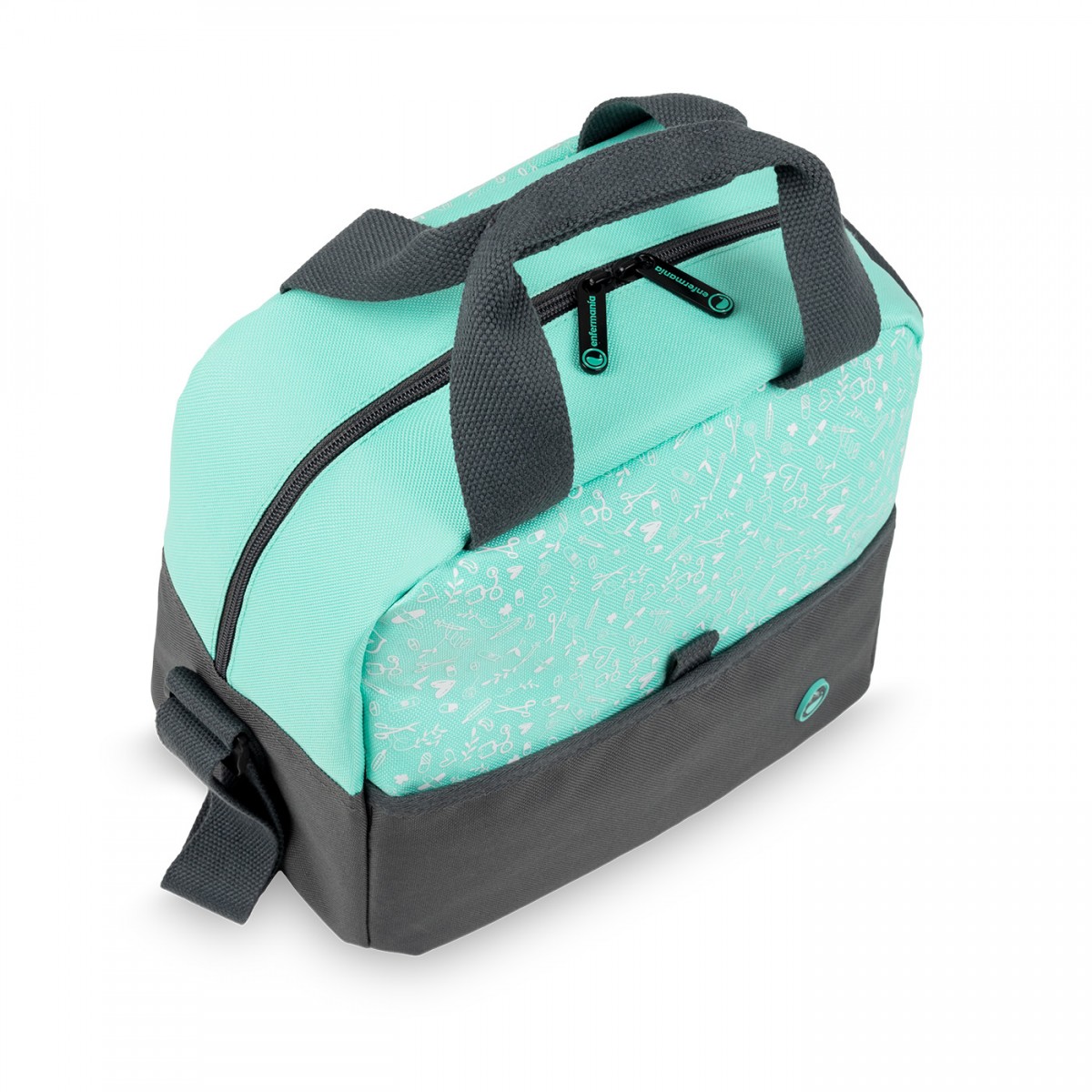 Mint and grey nurse bag for healthcare workers, featuring a top handle and shoulder strap. It is spacious for carrying essentials during long shifts.