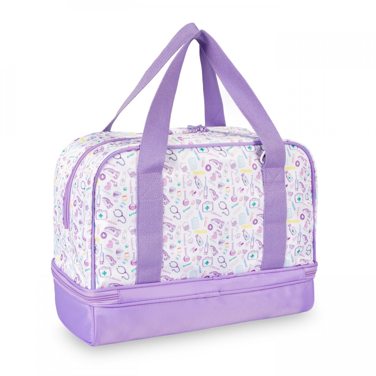 White and lavender nurse bag with medical icons pattern, durable construction, and spacious interior for healthcare professionals during long shifts.