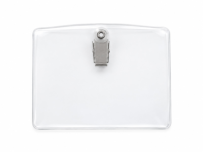 Clear plastic ID badge holder with a metal clip for healthcare professionals to securely display identification cards in clinical settings.