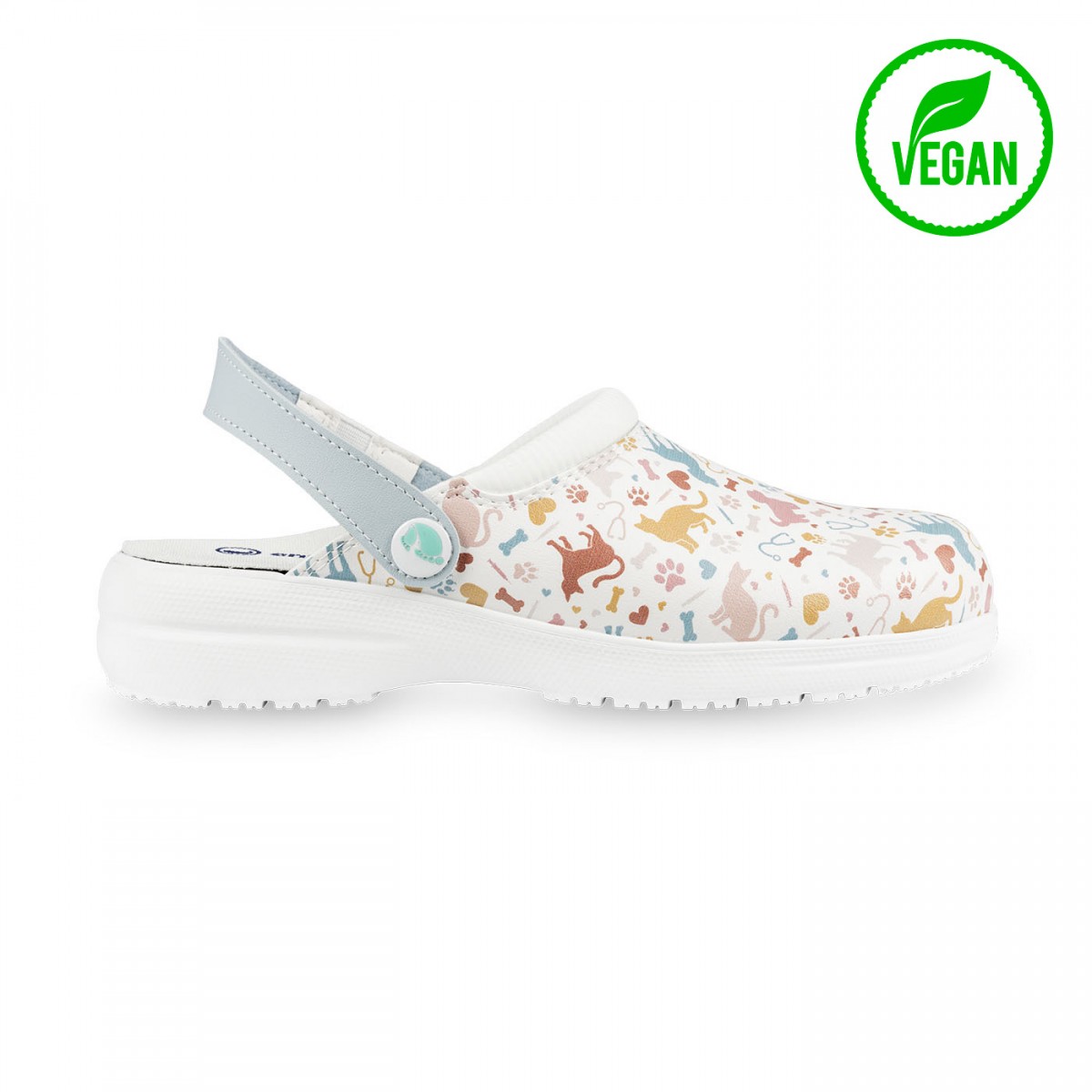 Vegan clogs for healthcare workers in white with colorful animal prints, slip-resistant and easy to clean.