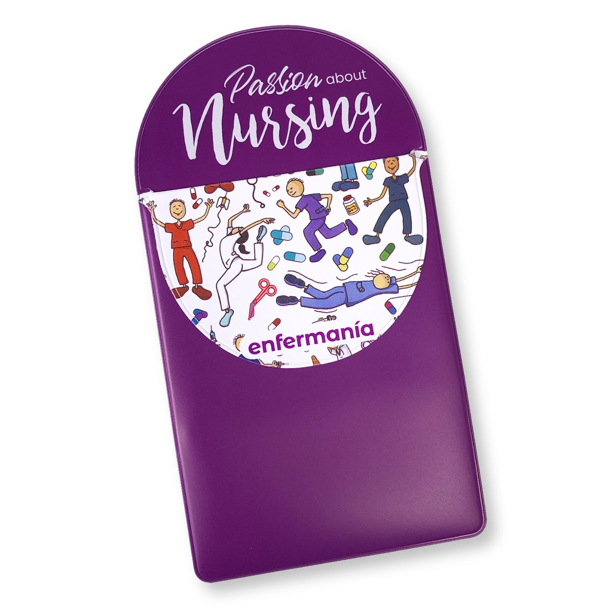 Organizador de bolsillo para enfermeras de color morado con un diseño de "Pasión por la enfermería" con dibujos animados de trabajadores sanitarios y herramientas médicas, ideal para que los profesionales sanitarios guarden suministros.