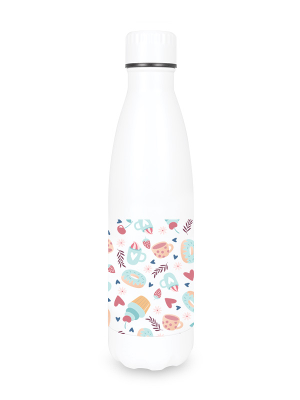 White reusable water bottle for healthcare workers featuring a colorful pattern of coffee cups, donuts, and hearts for hydration at work.