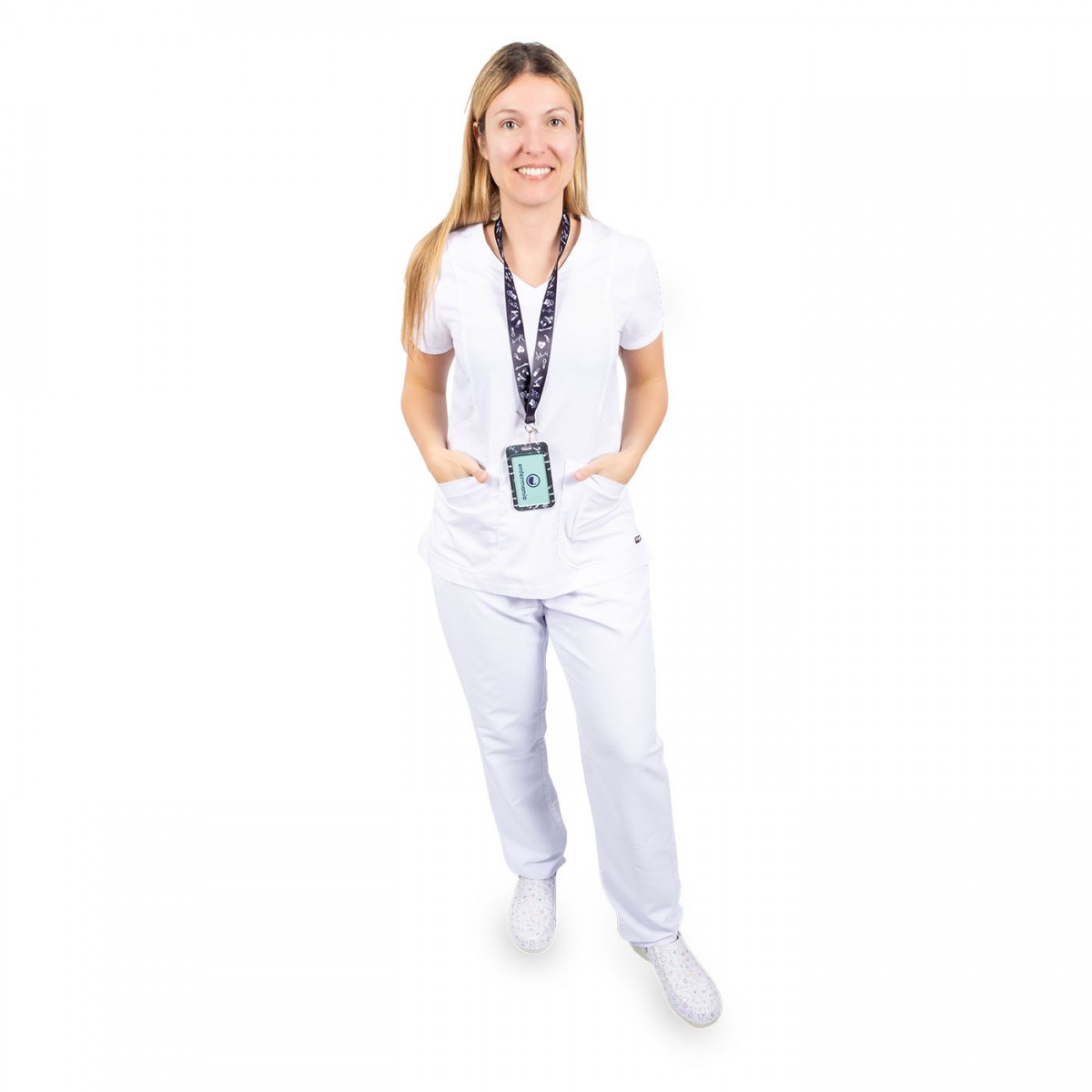 White medical scrubs for healthcare workers, featuring pockets and a comfortable fit for long shifts.