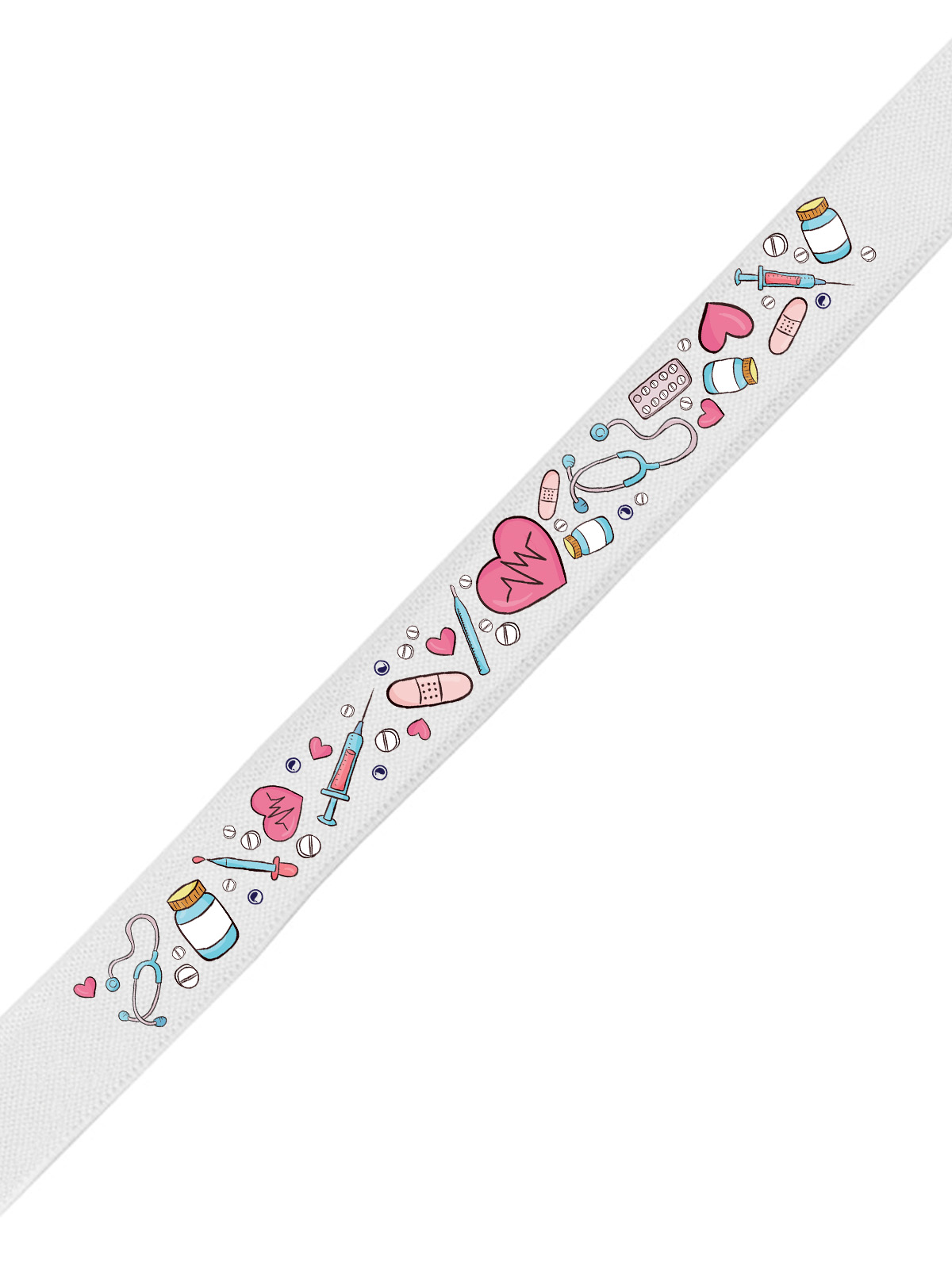 Bande de casquette blanche pour infirmières, avec des dessins médicaux comme des cœurs, des stéthoscopes et des pilules. Idéal pour ajouter une touche amusante et professionnelle aux uniformes.