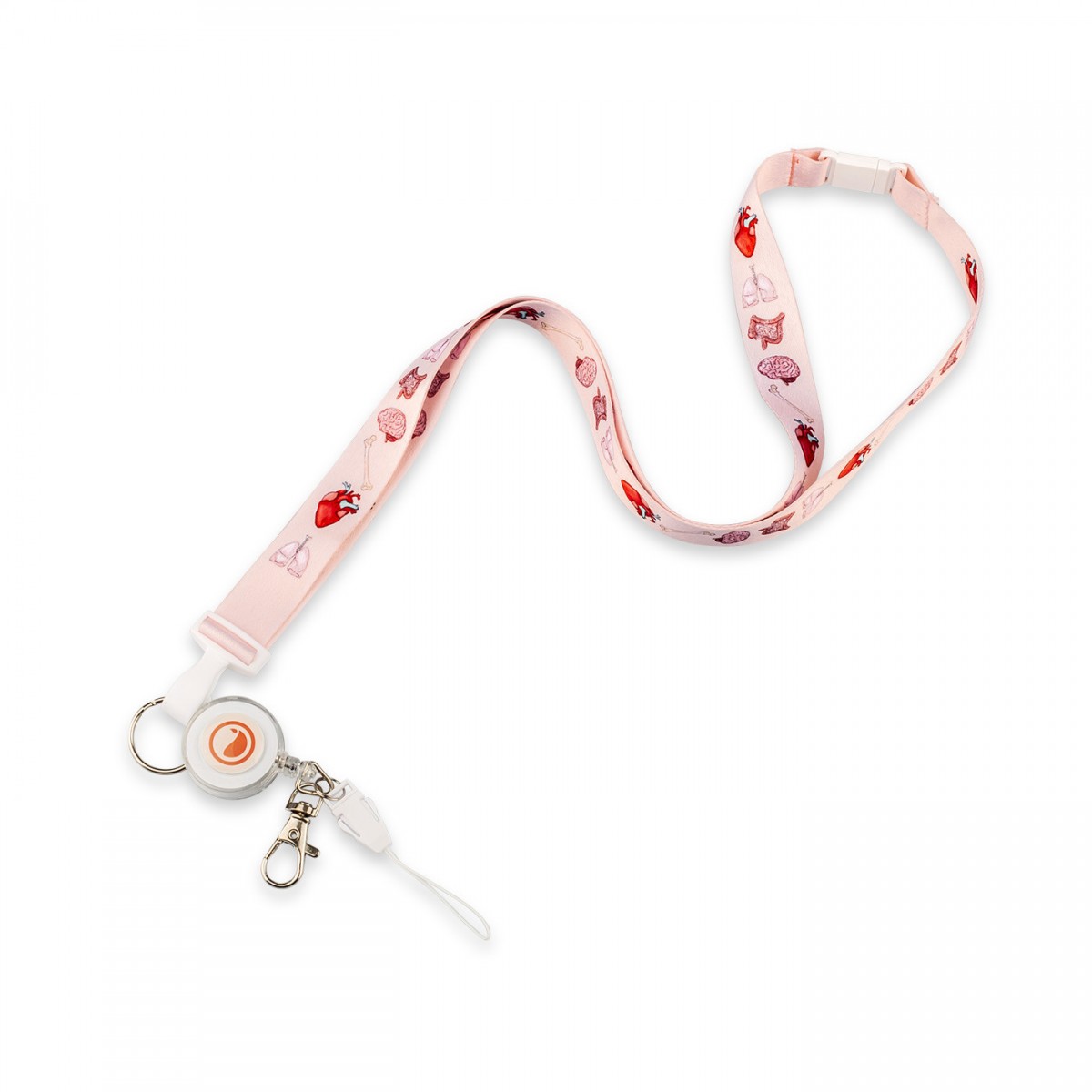 Pink lanyard with medical-themed designs, ideal for nurses, featuring a retractable badge holder.