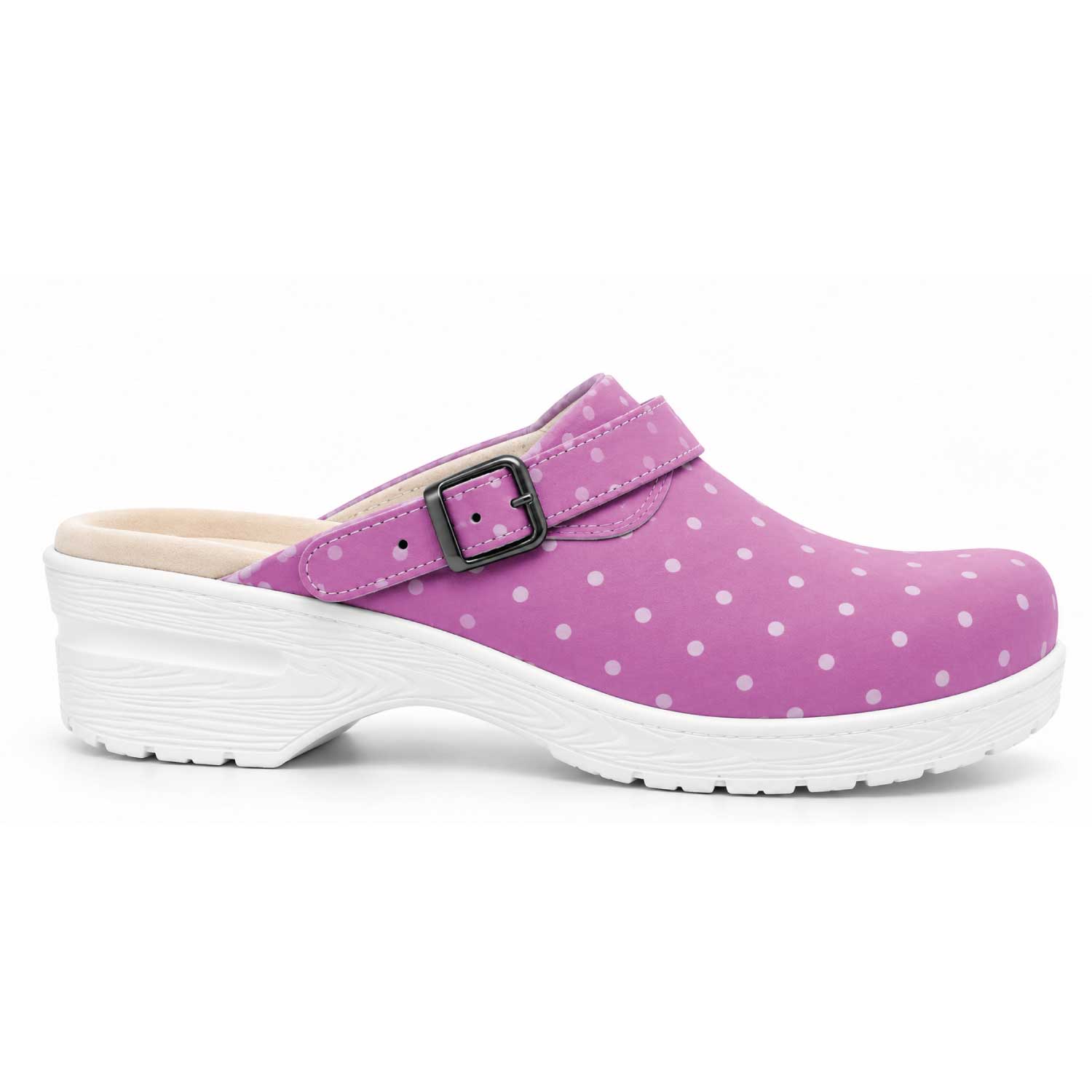 Purple polka dot nursing clogs with a white sole and adjustable buckle strap, designed for comfort during long shifts in clinical settings.