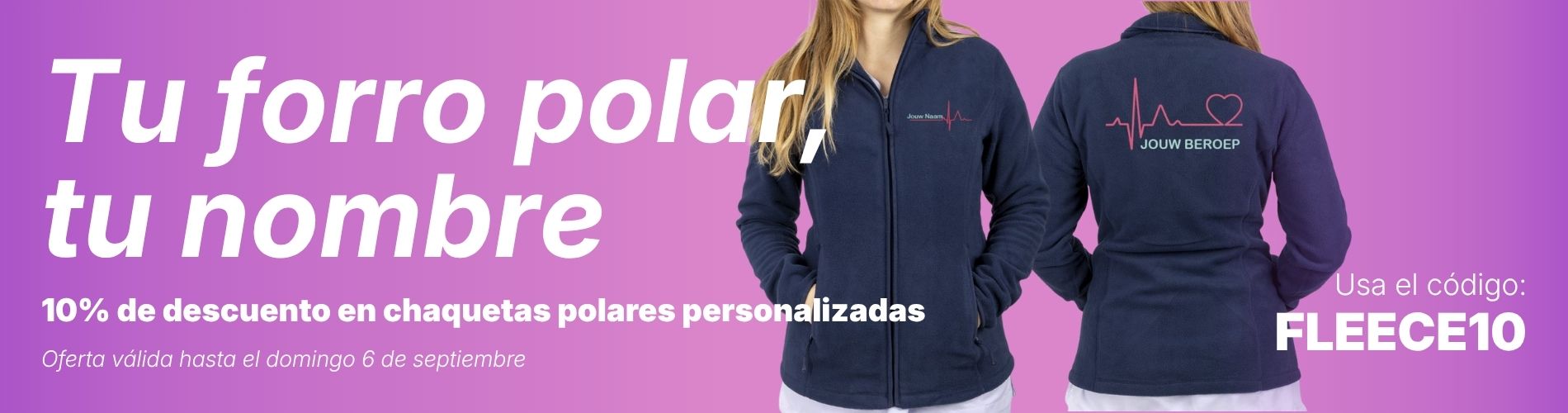 Una chaqueta polar azul marino para profesionales de la salud, con cremallera frontal y bordado de temática médica personalizable en la espalda.