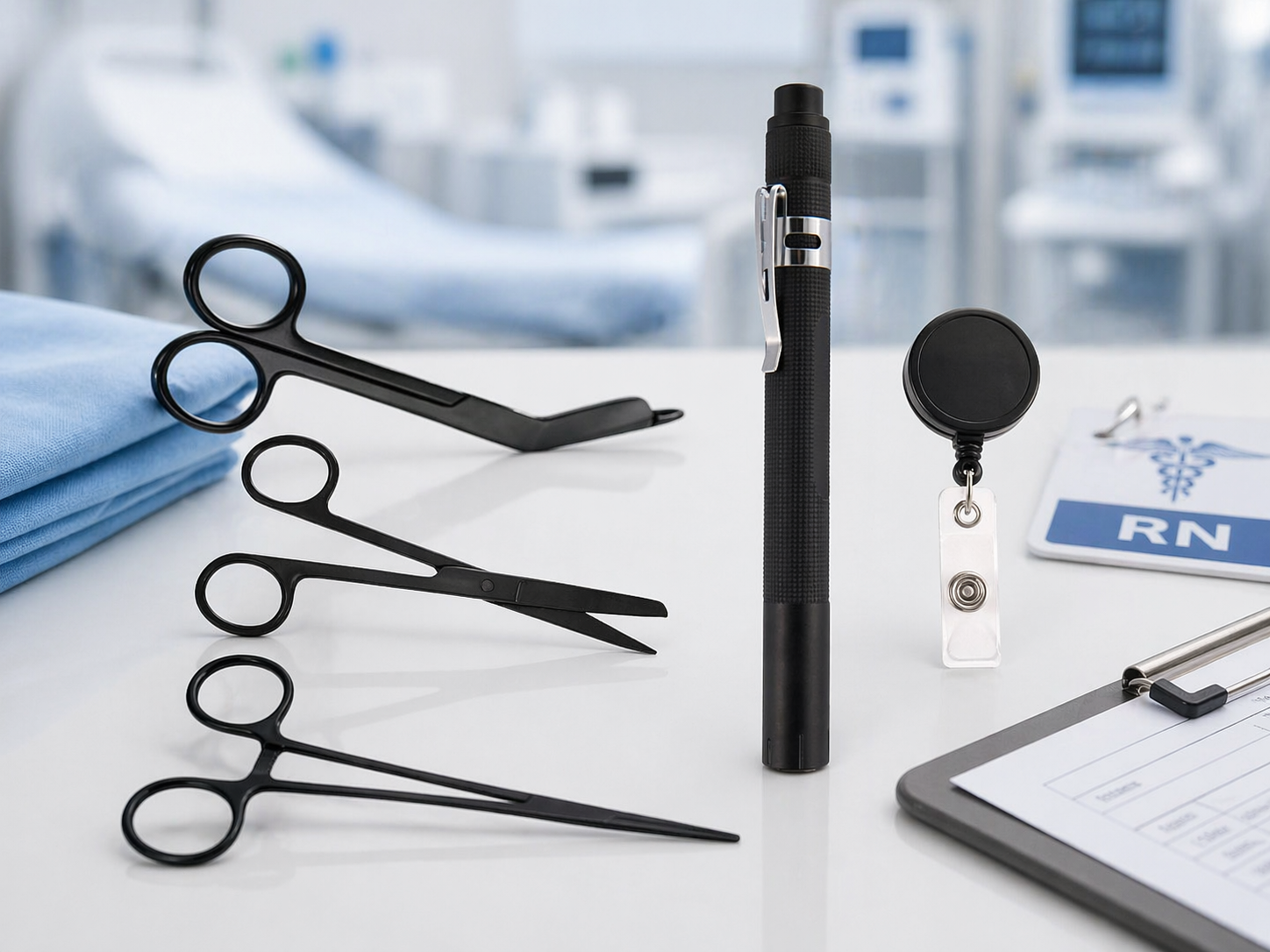 Black medical scissors and pen set for healthcare professionals, ideal for precise cutting and easy access.