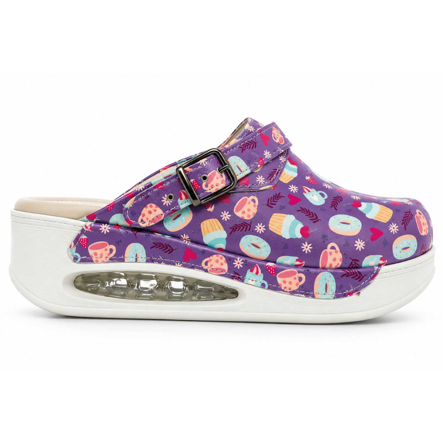 Purple patterned nursing clogs with a white air-cushioned sole, ideal for healthcare workers needing comfort during long 12-hour shifts.