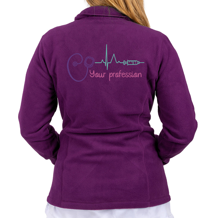 Back view of a purple fleece jacket designed for healthcare professionals, featuring a stethoscope, heartbeat line, syringe, and 'Your Profession' graphic.