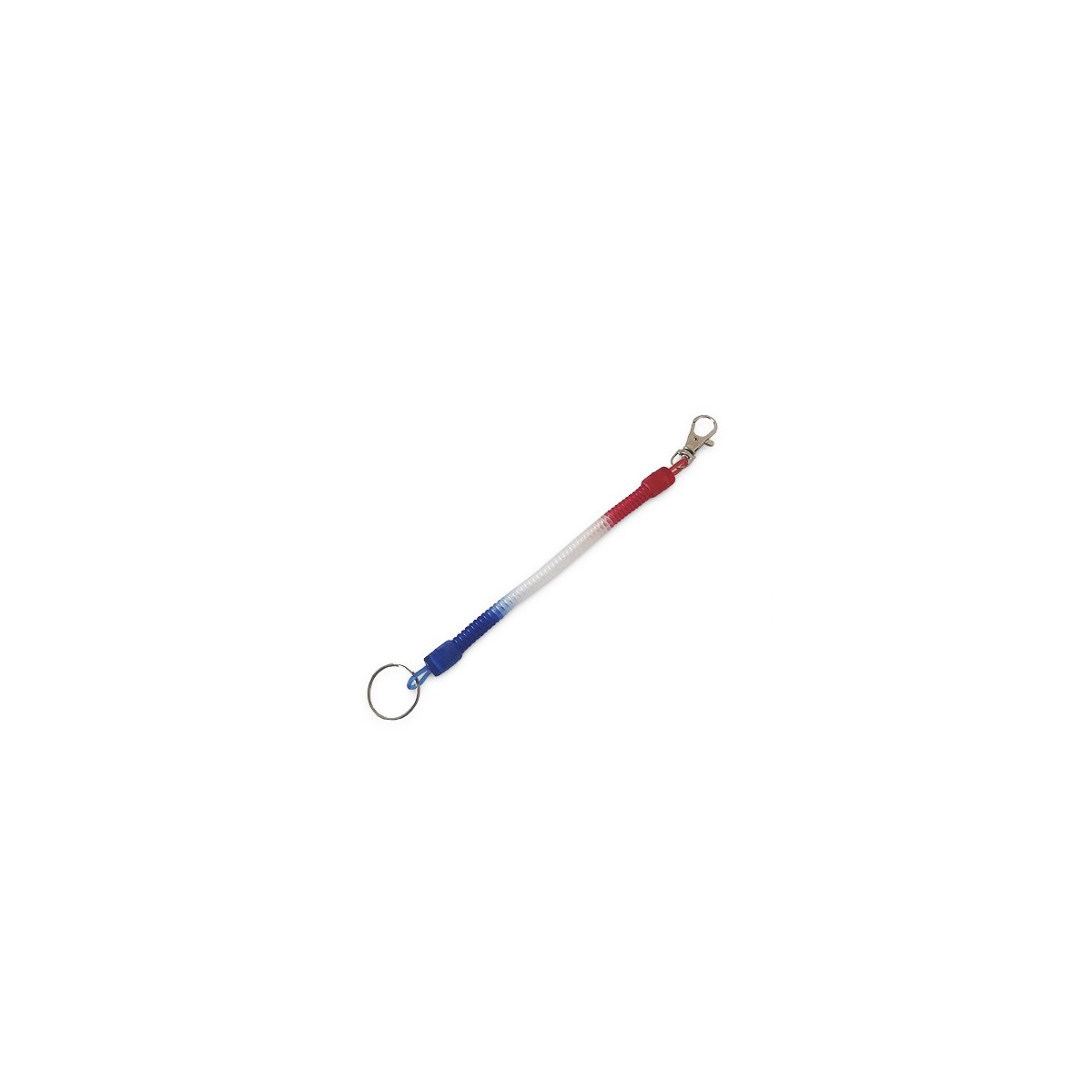 A red, white and blue coiled lanyard for nurses and healthcare workers. This accessory features a clip for attaching keys and other essential items for shifts.