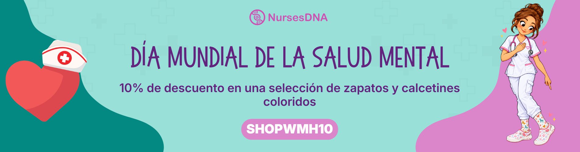 Una pancarta promocional para trabajadores de la salud que muestra a una enfermera con bata blanca, calcetines coloridos y zapatos cómodos para turnos largos.