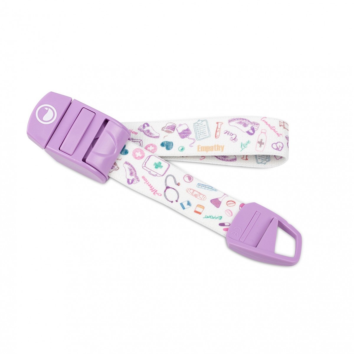 Garrot lilas pour infirmières et agents de santé. Le garrot comporte une bande blanche avec des dessins colorés et des termes médicaux tels que stéthoscope, soins et empathie.