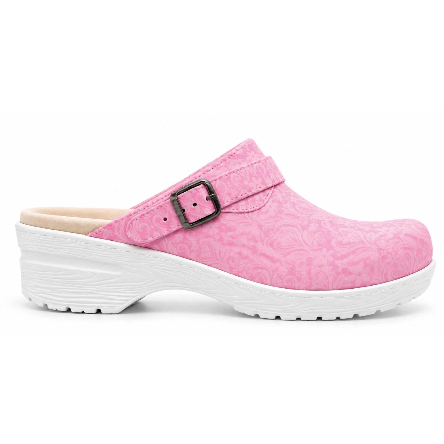 Pink floral nursing clogs with a white sole and adjustable buckle strap, designed for comfort during long shifts in clinical environments.
