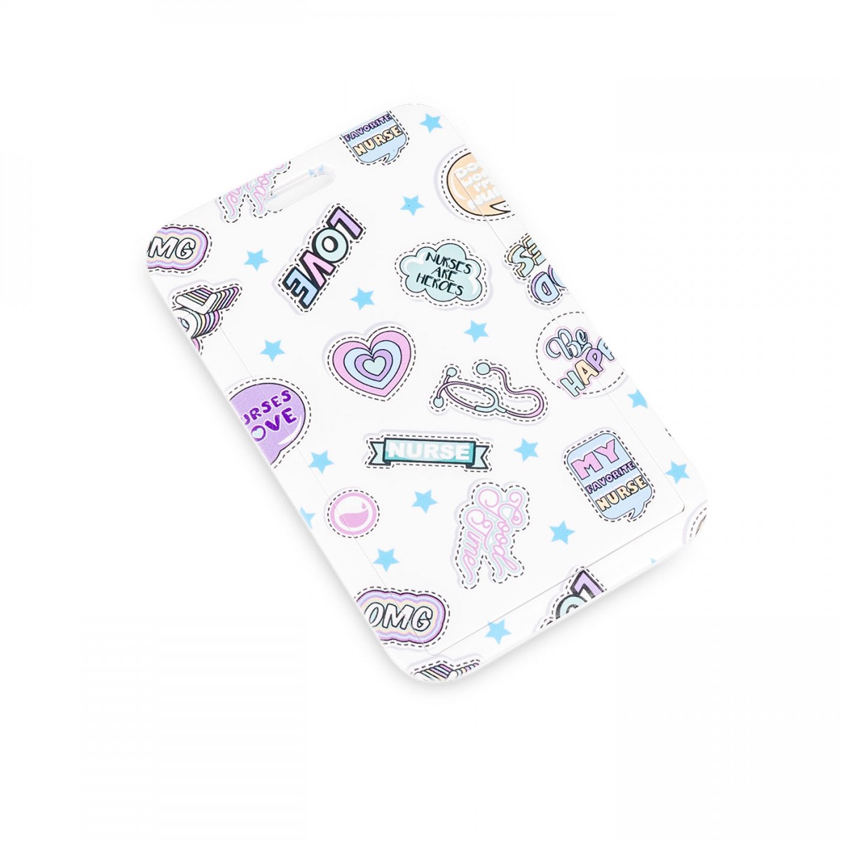 White phone case featuring colorful nurse-themed stickers, ideal for healthcare workers.