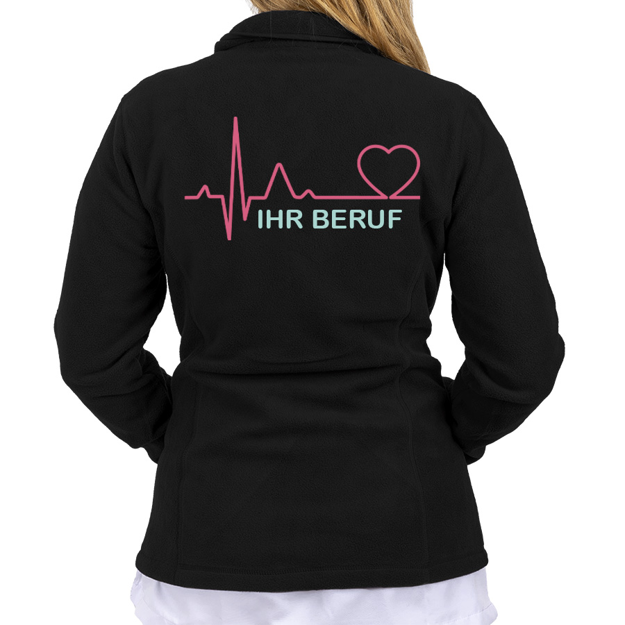 Schwarze Fleecejacke für medizinisches Personal mit Herzschlag und Herzgrafik auf der Rückseite.