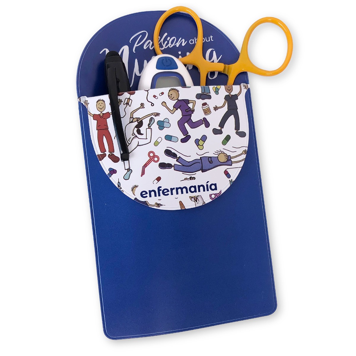Blue clipboard folio with a fun enfermania design pouch, ideal for nurses. It holds essential tools like scissors, a pen, and a thermometer for quick access.