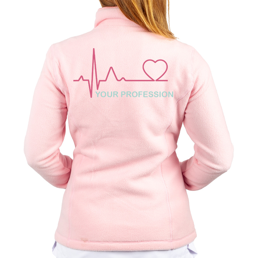 Pink fleece jacket for healthcare professionals with heartbeat design, ideal for comfort during long shifts.
