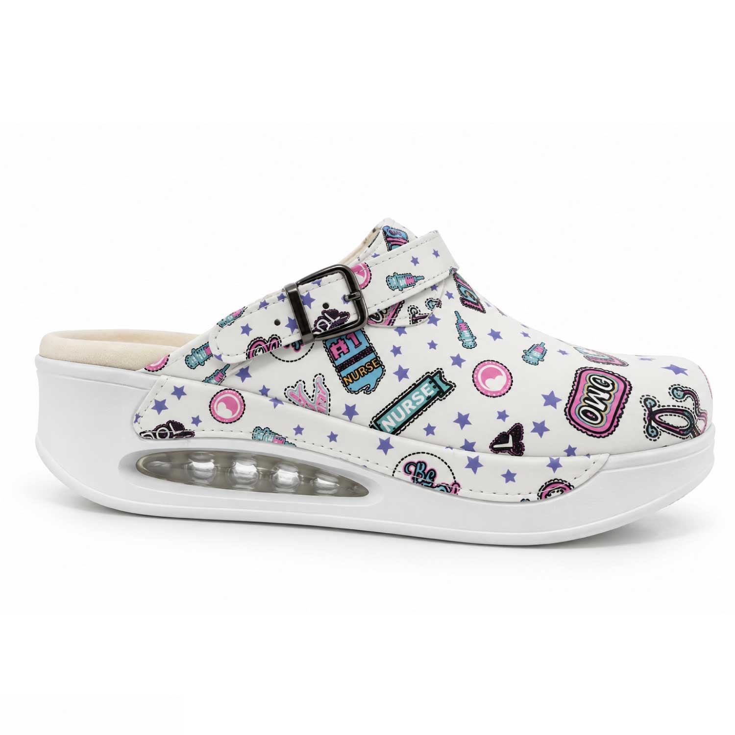 White nurse clogs with a colorful medical pattern, featuring a cushioned air sole for comfort during long shifts in a clinical environment.