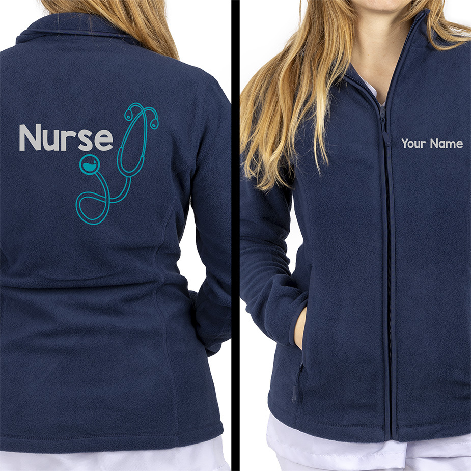 Navy blue fleece jacket for healthcare workers with personalized name option. Features a full zipper, pockets and is comfortable for long 12-hour shifts.