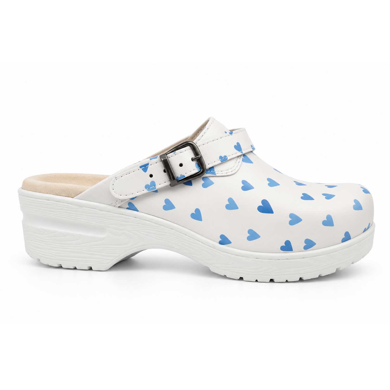 White nursing clogs with blue heart patterns, featuring an adjustable strap and slip-resistant sole for comfortable 12-hour hospital shifts.