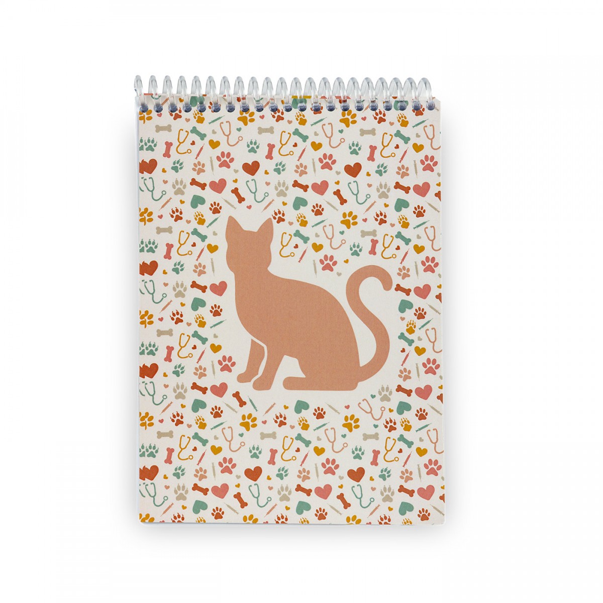 Cuaderno de espiral con diseño de gato, con huellas de patas de colores, ideal para enfermeras y personal sanitario.
