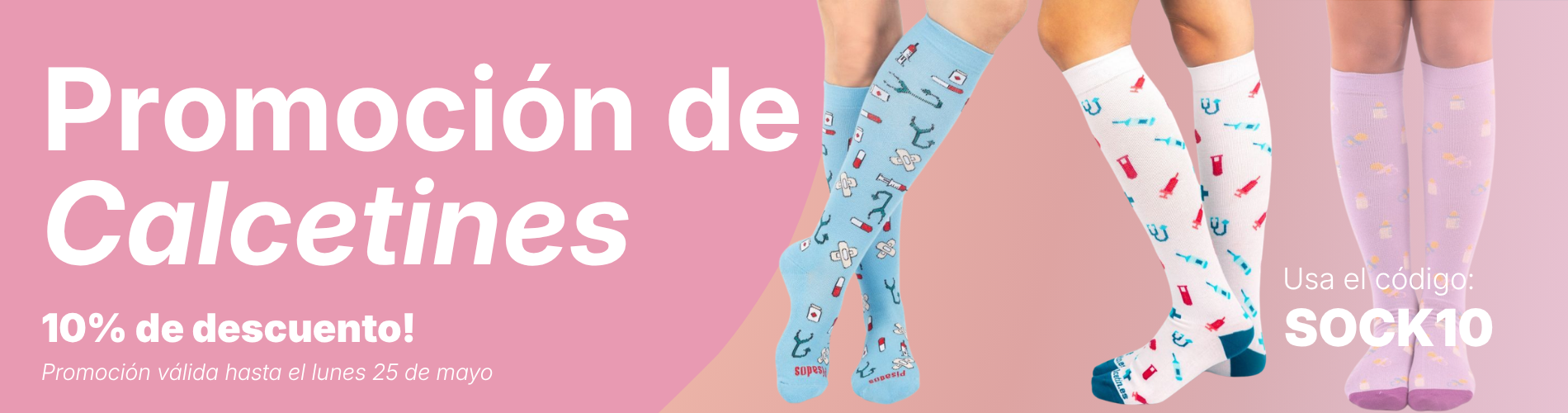 Calcetines coloridos hasta la rodilla para enfermeras con diseños de temática médica, ideales para turnos largos.