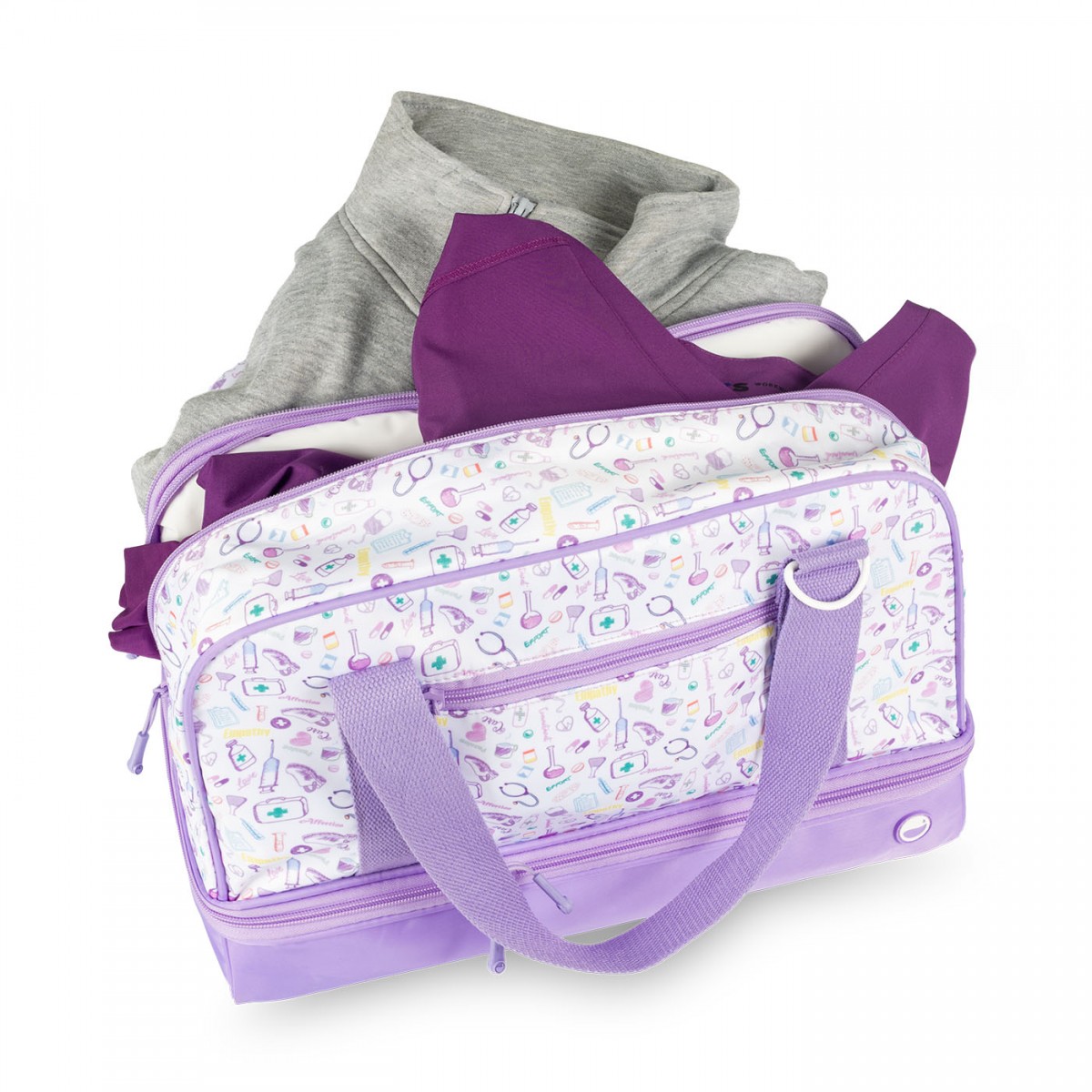 White and purple healthcare-themed duffel bag for nurses, featuring medical tool icons, ideal for carrying work essentials with an extra compartment.