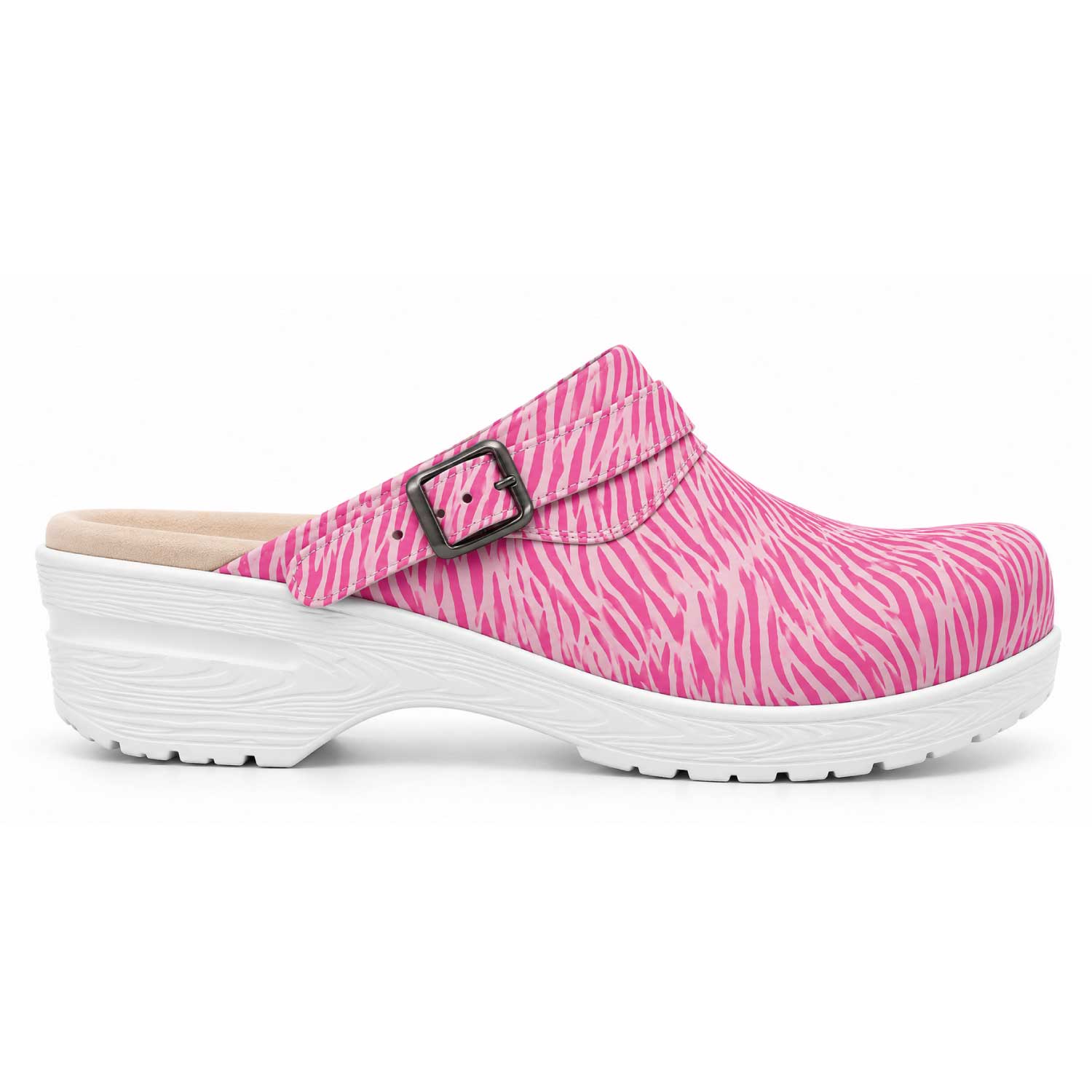 Pink zebra print nursing clogs with a white slip-resistant sole, designed for healthcare professionals working long shifts in clinics.