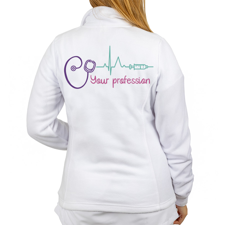 White fleece jacket for healthcare workers featuring a colorful stethoscope and heartbeat graphic on the back, ideal for daily shifts.