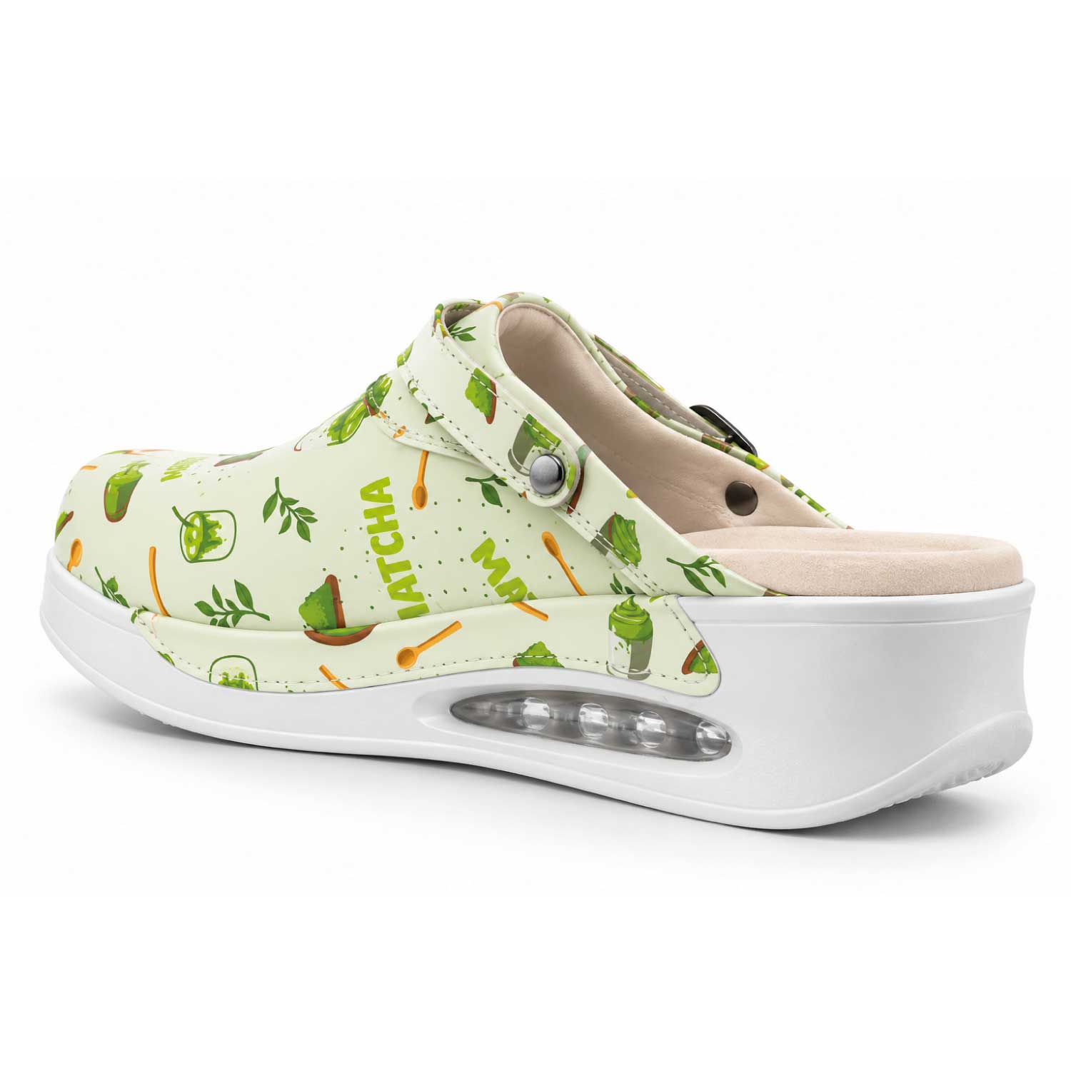 Light green nursing clogs with a matcha print, featuring a cushioned sole and air-cushion heel for comfort during long hospital shifts.