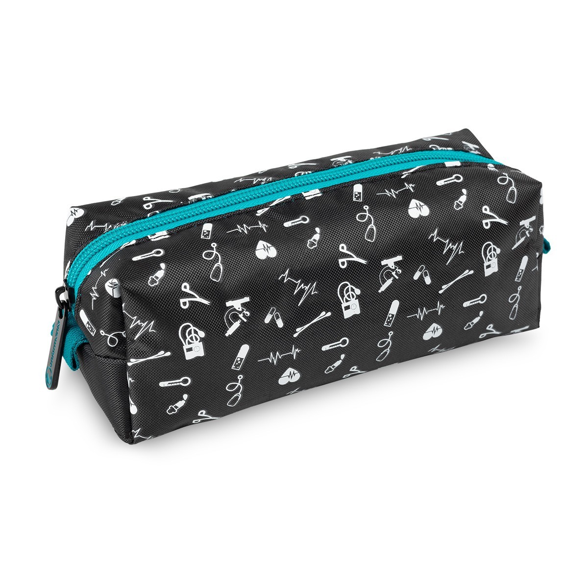 Trousse noire avec symboles médicaux, dotée d'une fermeture éclair turquoise, idéale pour les infirmières et le personnel soignant.