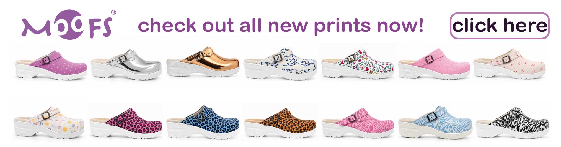 A collection of colorful patterned nursing clogs with slip-resistant soles, designed for healthcare professionals working long shifts.
