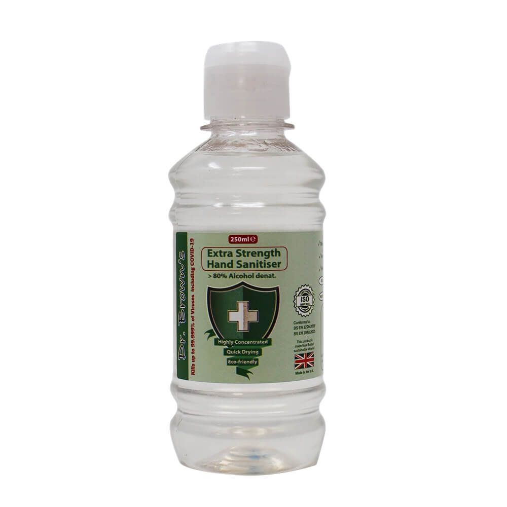 A clear 250ml bottle of Dr. Brown's extra strength hand sanitiser for healthcare workers, featuring a quick-drying and eco-friendly formula.