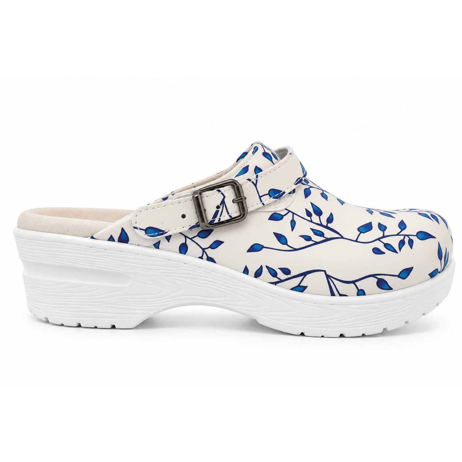 White nursing clogs with a blue leaf pattern, featuring an adjustable strap and a slip-resistant sole for comfort during long shifts.